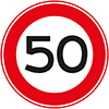 Rond wit verkeersbord met rode rand en 50 in het midden