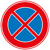 Blauw rond verkeersbord met rode rand en rood kruis